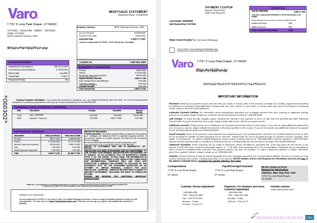 Download USA Varo bank mortgage statement in Word and PDF formats 1 2 Photoshop template